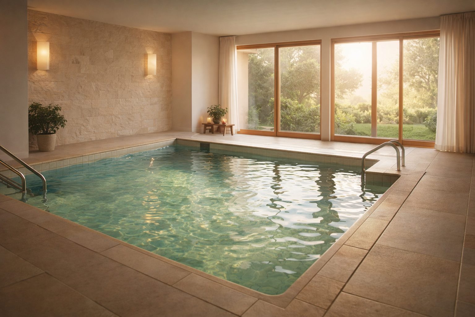 Avigal's warm-water pool — soft light, windows opening to the garden